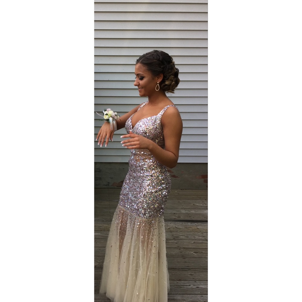 Sparkly rose gold and nude mermaid style prom dress